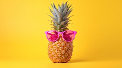 Pineapple character hipster in sunglasses, on a yellow background. Stylish summer fruit. Generative AI