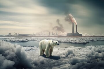 A polar bear juxtaposed with the backdrop of industrial chimneys billowing smoke. Depicting the idea of climate change and its detrimental effects on the natural world and human society. Generative AI