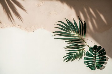 View of shadows and green tropical flora from above against a sand-colored background. Lay down. Idea for summer with a palm leaf. With a unique paper frame, copyspace. Generative AI