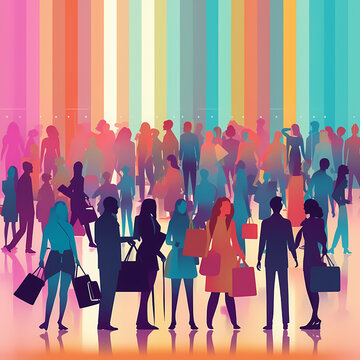 Busy Group Of People, Public Silhouettes Colorful Design, High Detail Shopping Centre Generative AI