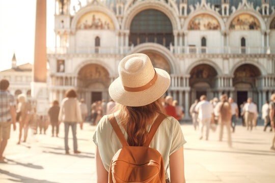 Young girl with backpack in hat stands with her back in St. Marks Square and looks at the Doges Palace. Generative AI content.