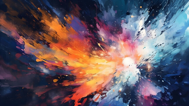 Energetic abstract background with vibrant splatters and dynamic brush strokes, employing a wide-angle lens to capture the boldness and movement. Generative AI