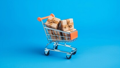 Small paper shopping bags with shopping cart on blue background