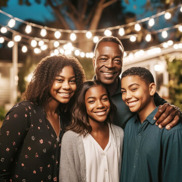 Portrait of Black father with his kids smiling outdoors in backyard together. 