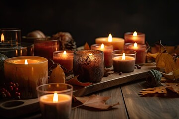 Candles are burning on a table in the room that has autumnal decorations. Generative AI