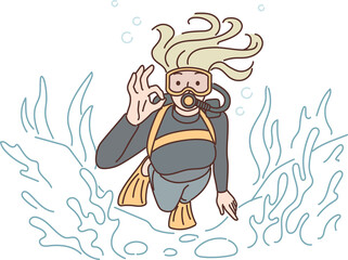 Woman diver swims underwater in scuba gear and goggles showing OK gesture exploring underwater world