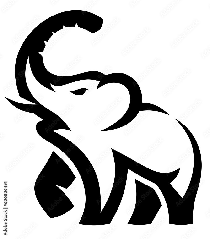 Wall mural Black and white elephant clipart. Minimalistic logo of an elephant with a raised trunk.