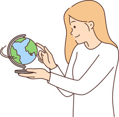 Woman with globe works as geography teacher telling children about countries located on planet earth