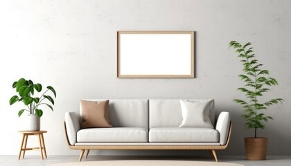 A minimalist white living room features a blank horizontal frame. (Generative AI)