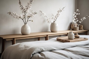 Close up of a wooden table, desk, or shelf with ceramic vases filled with cotton flowers over a double bed in a minimalist Japanese bedroom,. Generative AI
