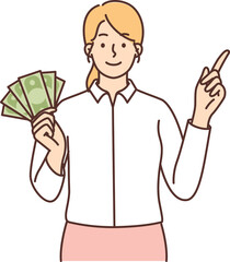 Woman with banknotes of cash in hands offering to attend training seminar by business trainer