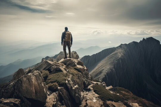Reconnect with nature and experience the beauty and majesty of the great outdoors with this image of a man enjoying the view from a mountaintop with his backpack. AI Generative.