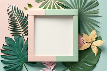 Fototapeta na wymiar Summer copy area with colored paper background and foliage. Generative AI