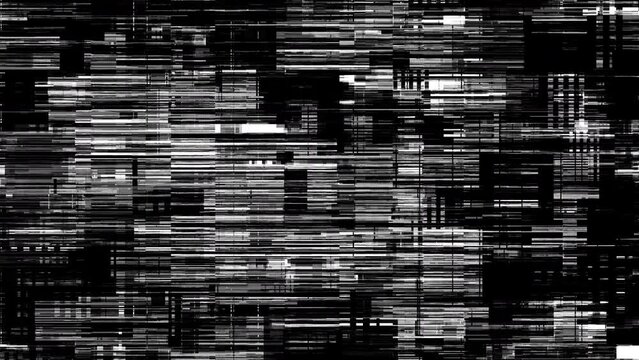 Animation loop of black and wihte signal noise glitch pattern digital effect cinematic title abstract background. Ending cover for intro, 
