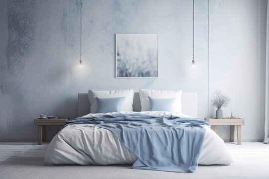 Bright details on a white bedroom. accent colors are quite peri. Mockup of an empty wall. a large space bed set. Generative AI