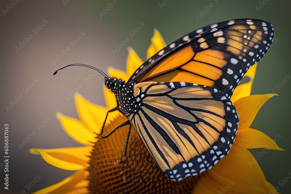 Poster on a flower, a monarch butterfly. a butterflys picture monarch on a hazy backdrop of a sunflower. an