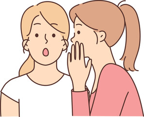 Two female friends gossip telling secrets in ears and discussing actions of work colleagues