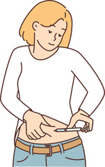 Woman with diabetes uses insulin pen to inject drug to help lower their blood sugar levels