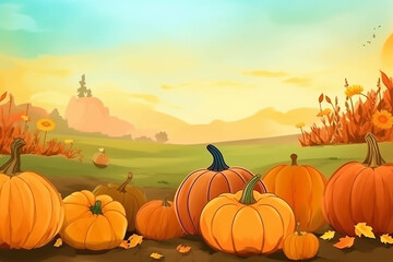 Naklejka na ściany i meble Assorted pumpkins on autumn background with copy space, horizontal. Illustration generated with AI