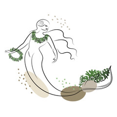 Mermaid silhouette. A beautiful girl swims in the water. Next to the leaves of the plant. Fantastic image of a fairy tale. Vector illustration.