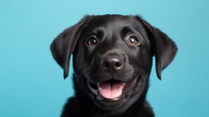 Fototapeta na wymiar Happy black puppy smiling on an isolated green-blue light background, , generative ai tools