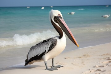 Fototapeta na wymiar Pelican on Arubas gorgeous tropical beach with white sand and turquoise ocean waves. Generative AI
