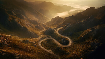 Aerial view of a winding road in the mountains at sunset.