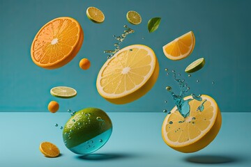 Lime, lemon, and orange citrus fruits floating on a blue backdrop. Concept of summer aesthetic levitation. Generative AI
