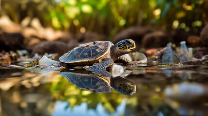 Fototapeta premium turtles in the water among plastic bottles and garbage, concept: pollution of nature and water bodies. Illustration, Generative AI