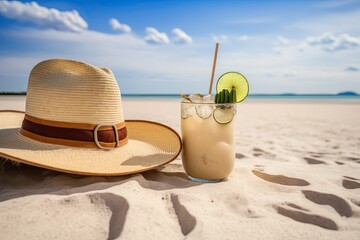 Sipping an exotic drink on the sand beach while wearing a straw hat and sunglasses. Summer Vacation Concept. Generative AI