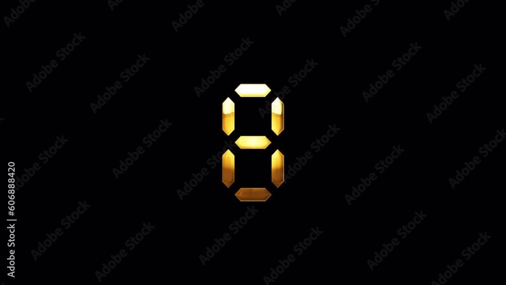 Poster loop number eight golden shine light motion text with glitch effect animation on black abstract back