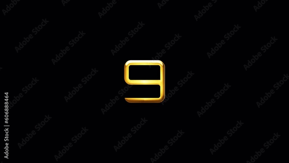Poster loop number nine golden shine light motion text with glitch effect animation on black abstract backg
