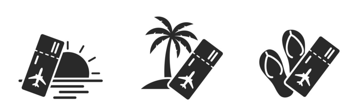 air travel icons. flight ticket and beach vacation symbols. vector images for tourism design