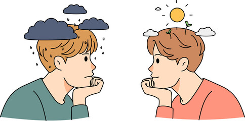 Depressed and unhappy and positive and happy man