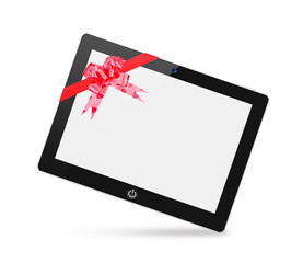 Realistic tablet pc computer with blank screen with a red bow as gift.
