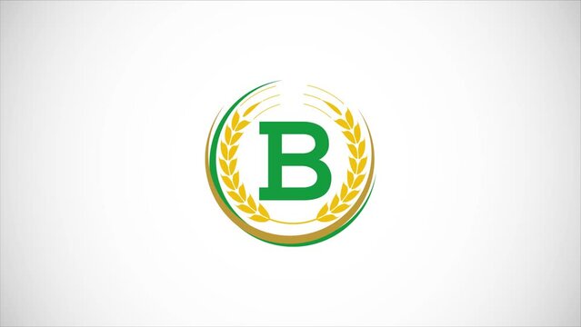 English alphabet B with wheat ears wreath video animation. Organic wheat farming logo design concept. Agriculture logo footage