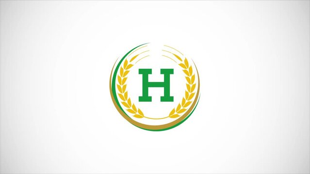 English alphabet H with wheat ears wreath video animation. Organic wheat farming logo design concept. Agriculture logo footage