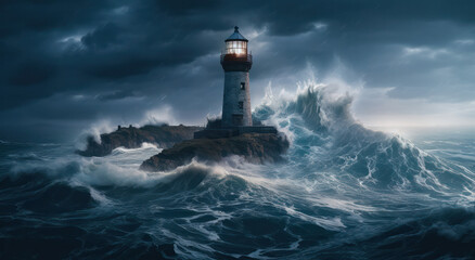 Stormy high waves over the lighthouse on a cloudy day. Generative AI