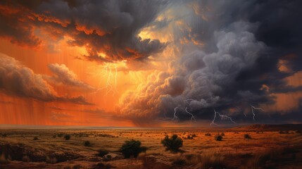stormy sky at sunset with colorful clouds at sunset. element, force of nature. Generative AI