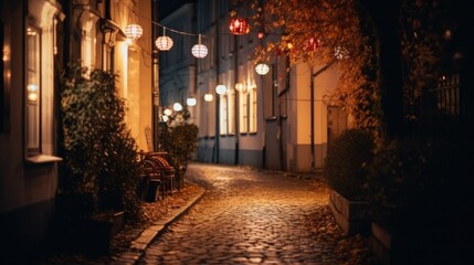 Naklejka na ściany i meble Blurred image of a residential street at night illuminated by lanterns with warm light. Generative AI