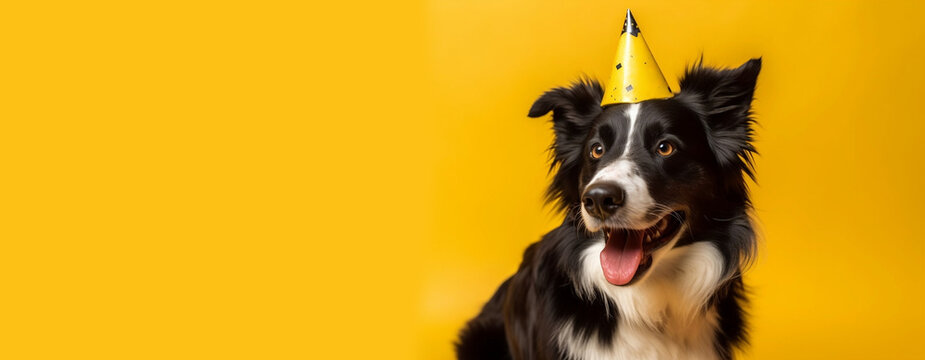 Horizontal Banner for Website of shepherd dog pet with a happy face at funny birthday party wearing colourful hat yellow background. Holidays celebrations concept. Advertising postcards. Generative AI