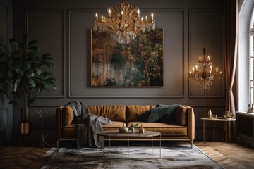 Brown sofa and pillows are positioned above a golden chandelier in a contemporary living room with an abstract picture on the wall. Generative AI