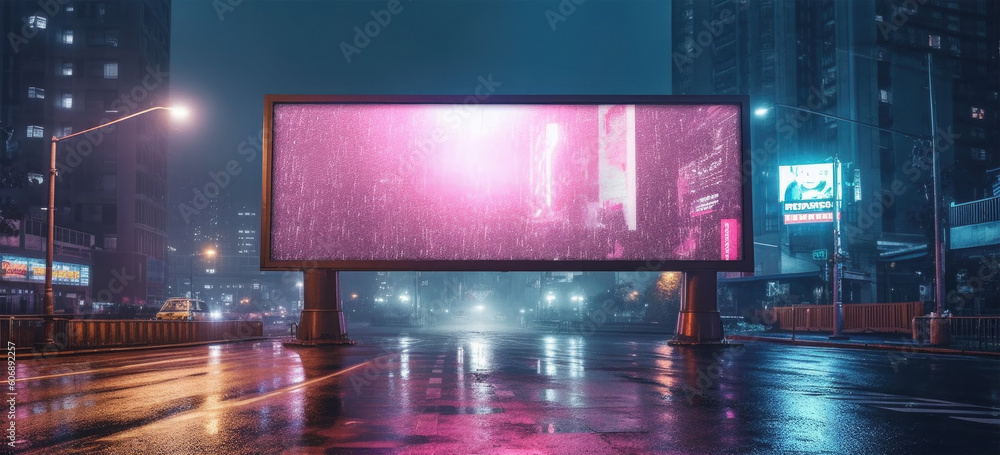 Wall mural futuristic city with neon glowing billboard at street. cyberpunk background. created with generative