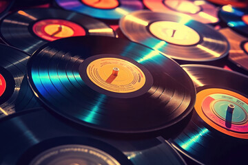 Vinyl records music background. Vintage retro style music background. Created with Generative AI