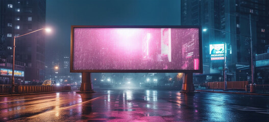 Futuristic city with neon glowing billboard at street. Cyberpunk background. Created with Generative AI - obrazy, fototapety, plakaty