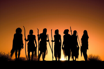 Silhouettes of african aborigines at sunset. Female tribe members in desert landscape. Created with Generative AI - obrazy, fototapety, plakaty
