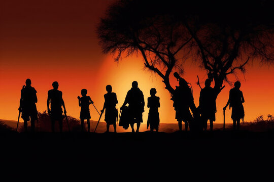 Silhouettes of african aborigines at sunset. Female tribe members in desert landscape. Created with Generative AI