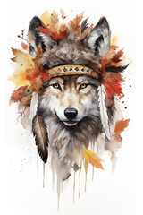 A watercolor painting of a wolf wearing an indian headdress. Generative AI. Tribal native american spirit illustration.