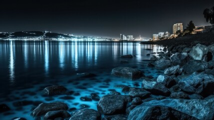 Photo of the blue sea at night, fabulous neon glow from under the water. Generative AI