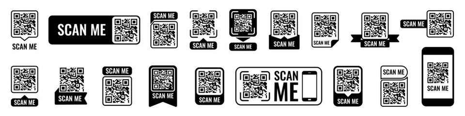 Scan me frame set. Qr code mockup. Mobile payment and identity. Vector illustration